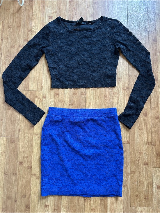 Forever 21 Dresses & Skirts - Forever 21 Blue Lace Mini Skirt and Black crop top- Small